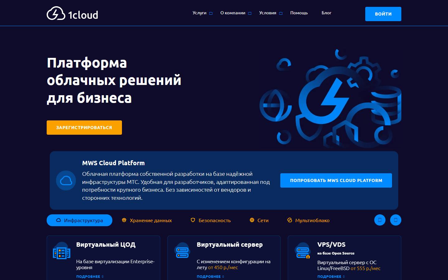 Главная страница сайта 1cloud (1cloud.ru)