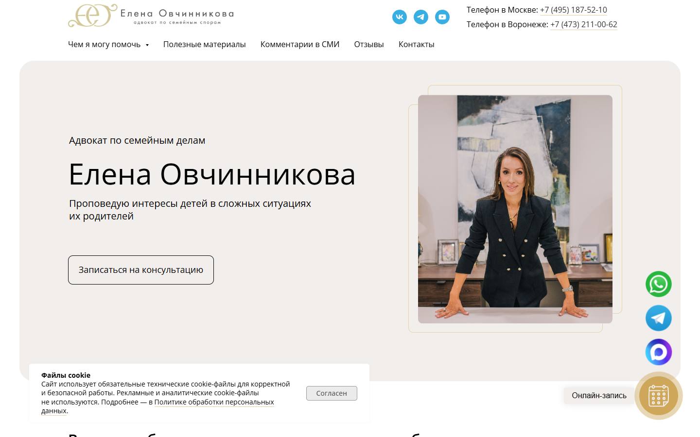 Главная страница сайта Адвокат Елена Овчинникова (advokatovchinnikova.ru)