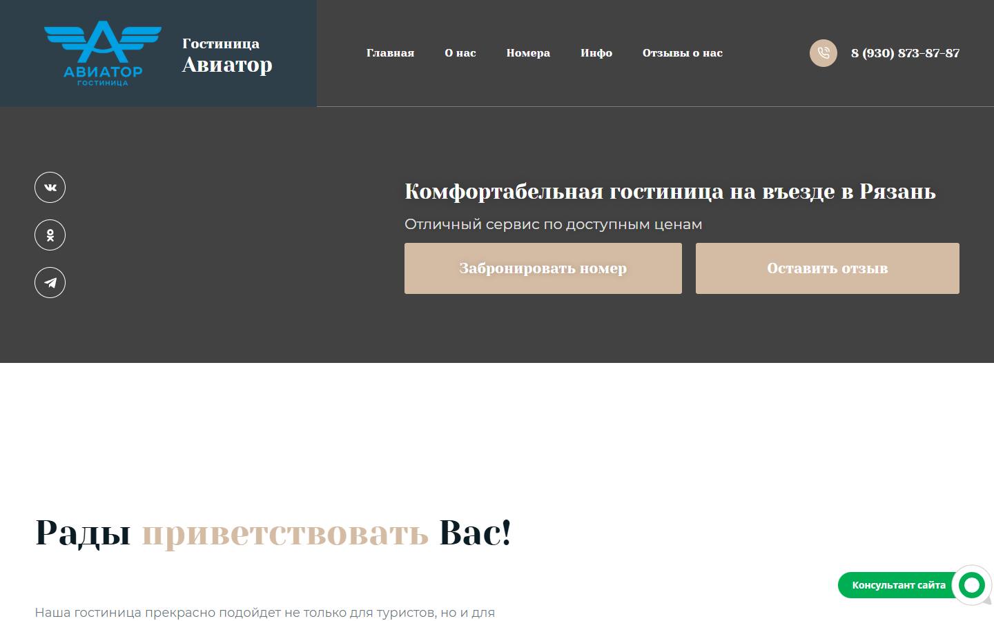 Главная страница сайта Авиатор (aviatorhotel62.ru)